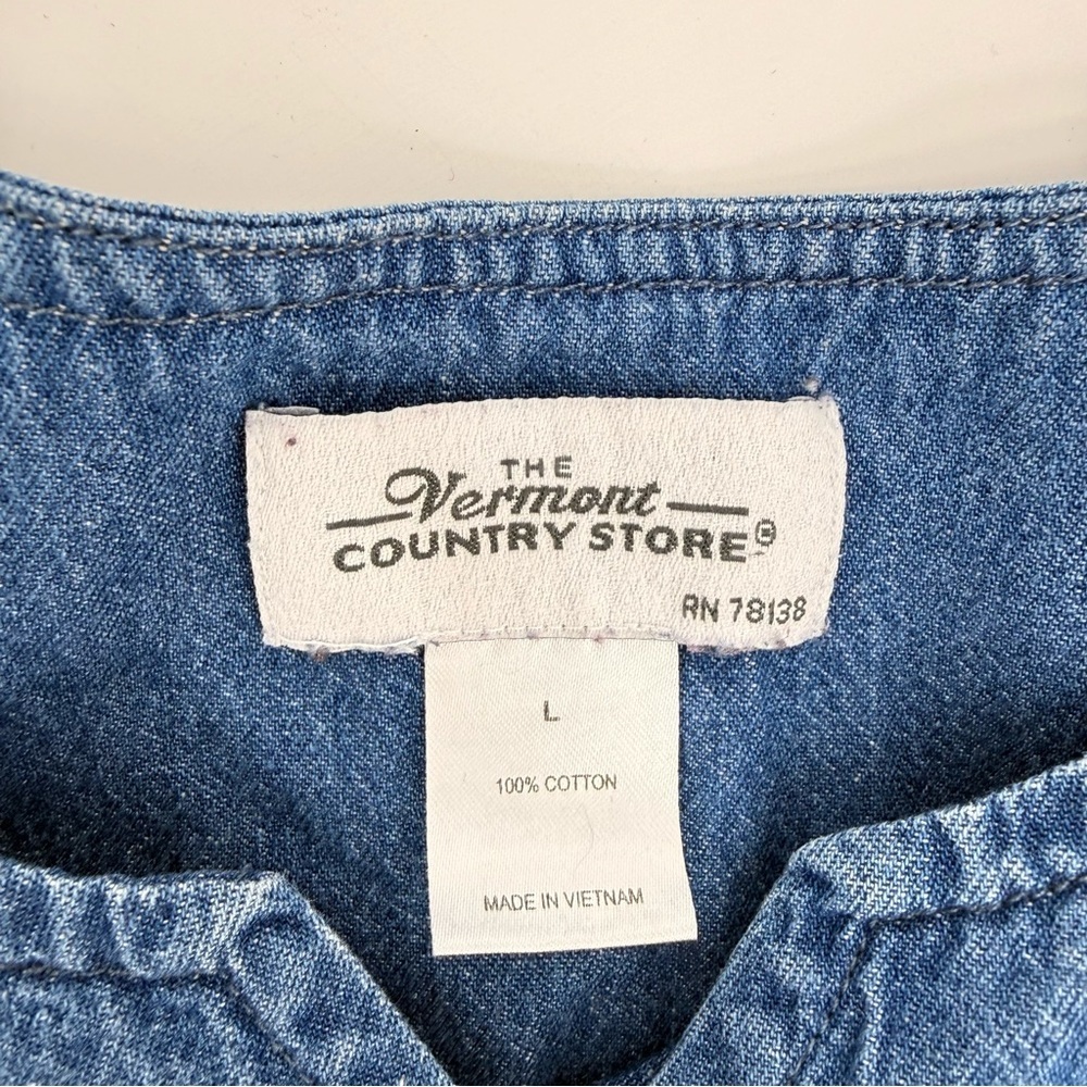 The Vermont Country Store Denim Tiered Midi Muumuu‎ Dress Pockets L Prairie Boho - Picture 11 of 13